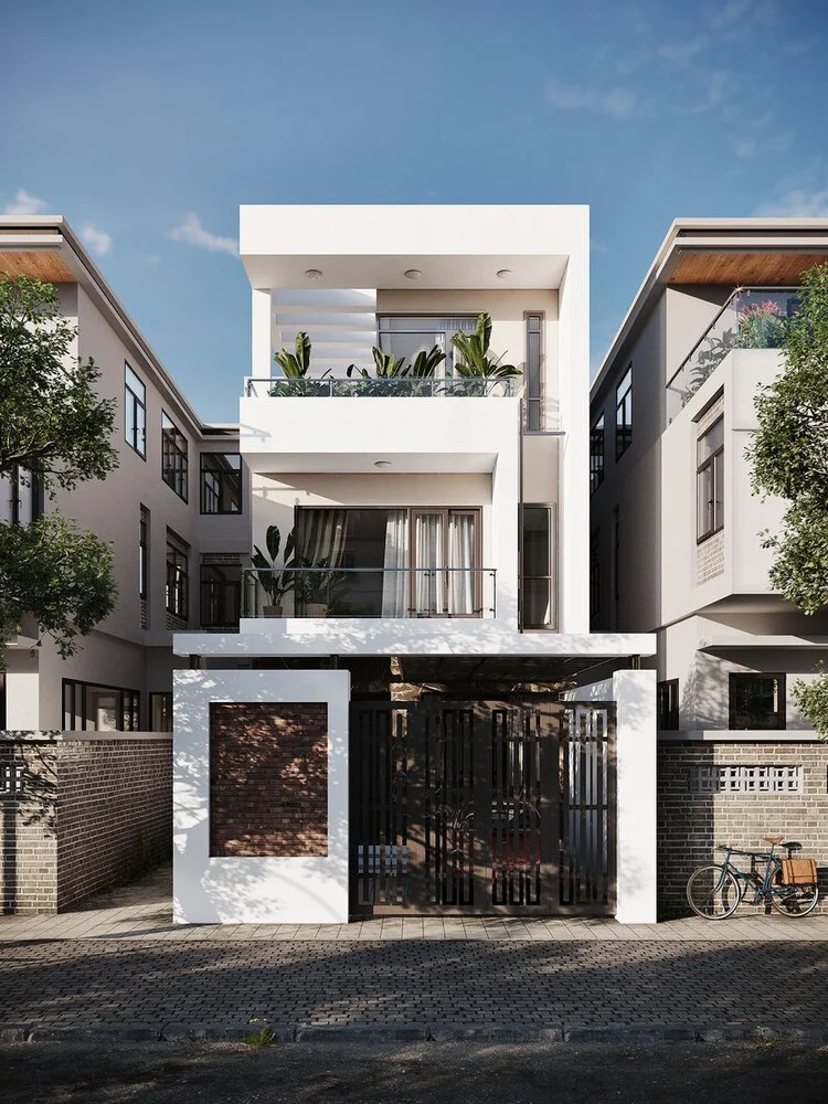 Mẫu nhà đẹp 2 tầng có gác lửng và sân thượng