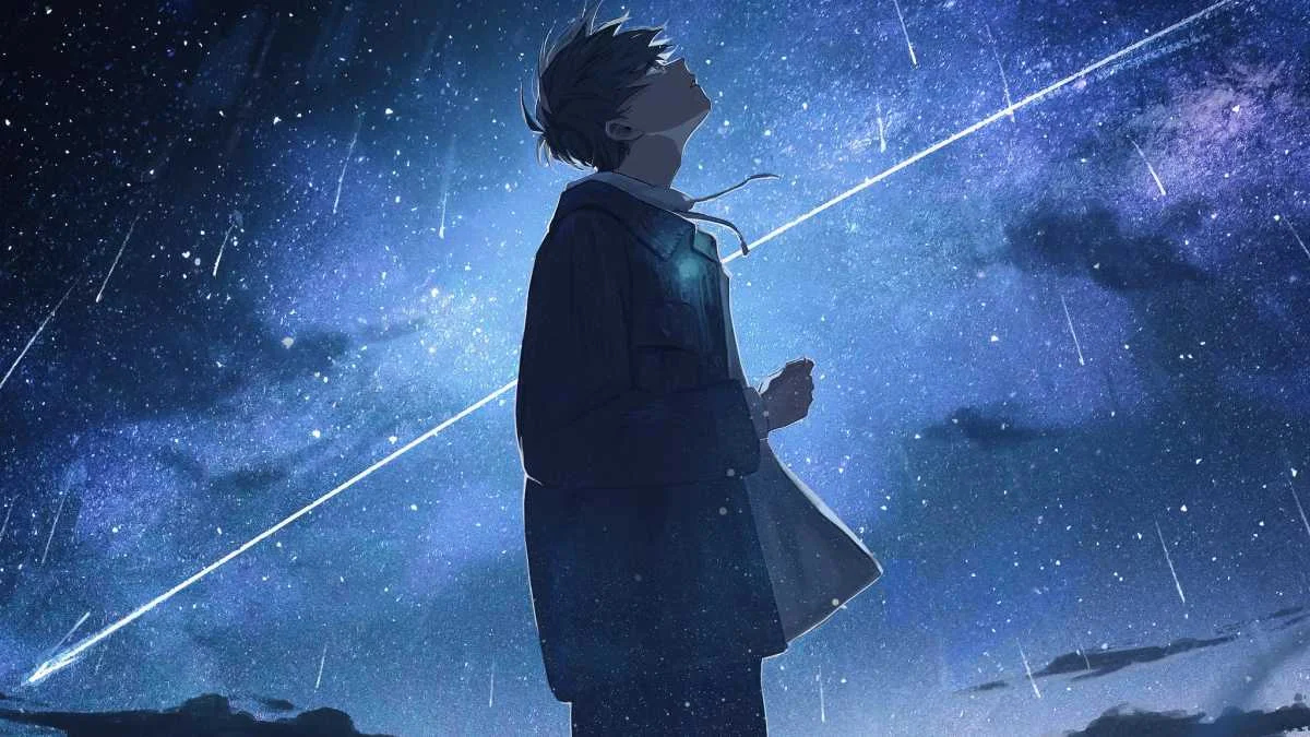 Hình nền PC anime chàng trai đứng dưới bầu trời sao và vệt sao băng