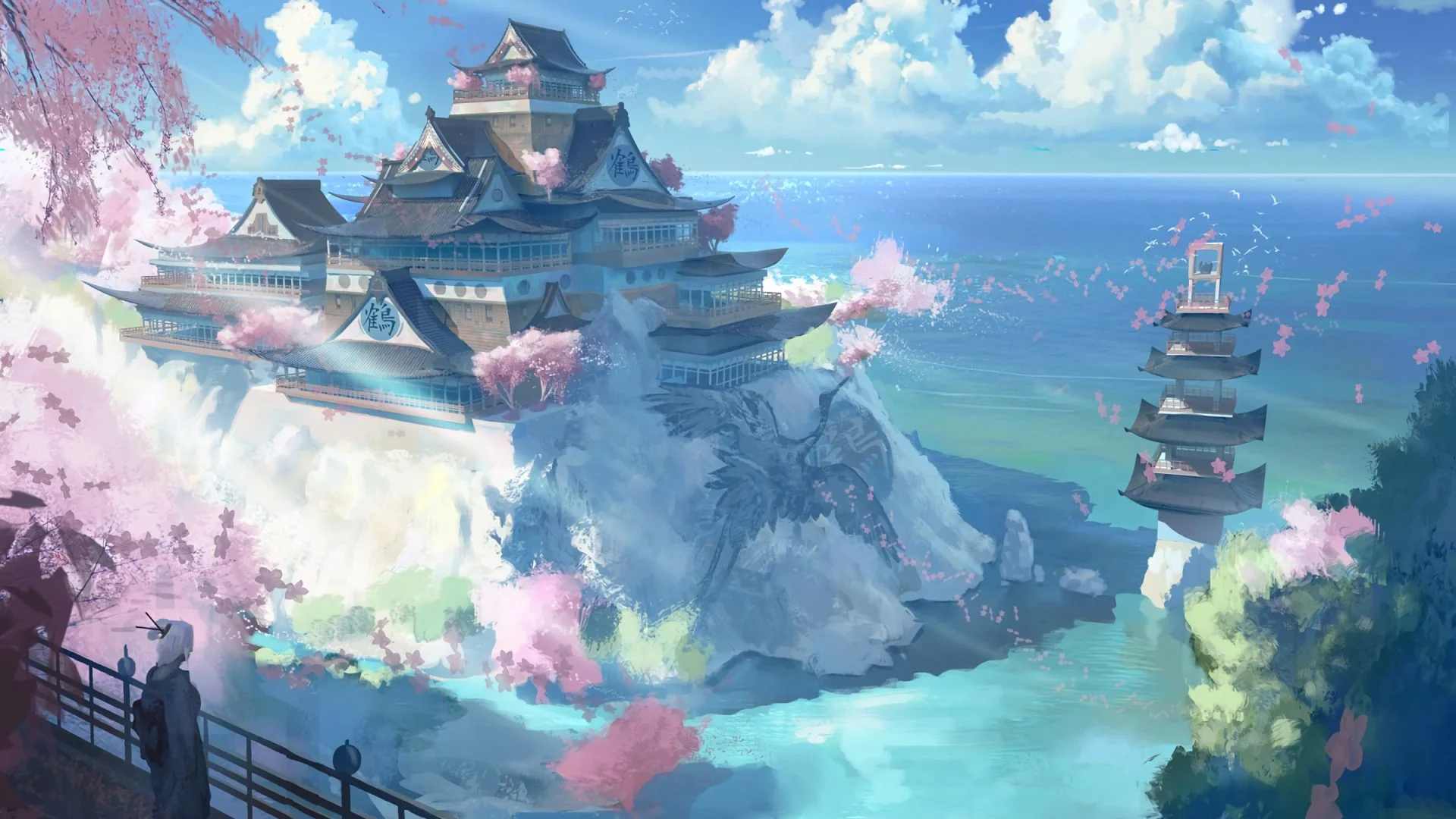 Hình nền PC fantasy phong cảnh lâu đài bên biển giữa mây trời và hoa anh đào