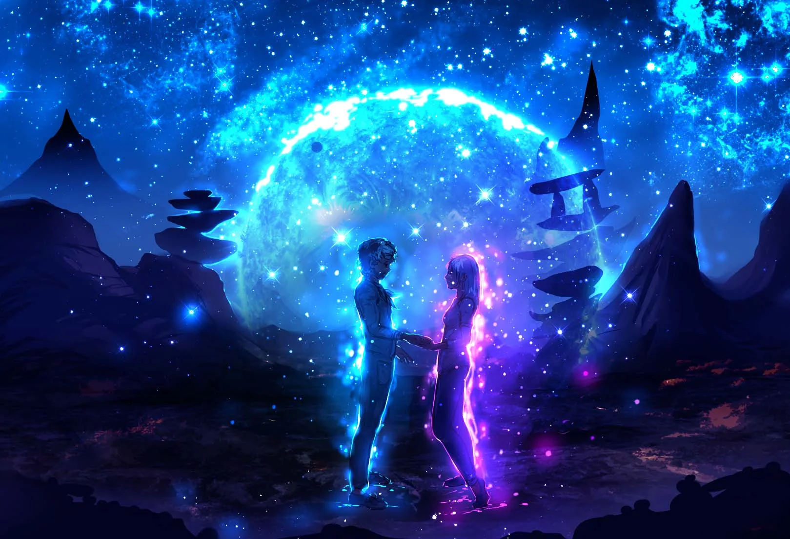 Hình nền PC fantasy với hai nhân vật đứng giữa cảnh đêm xanh huyền bí
