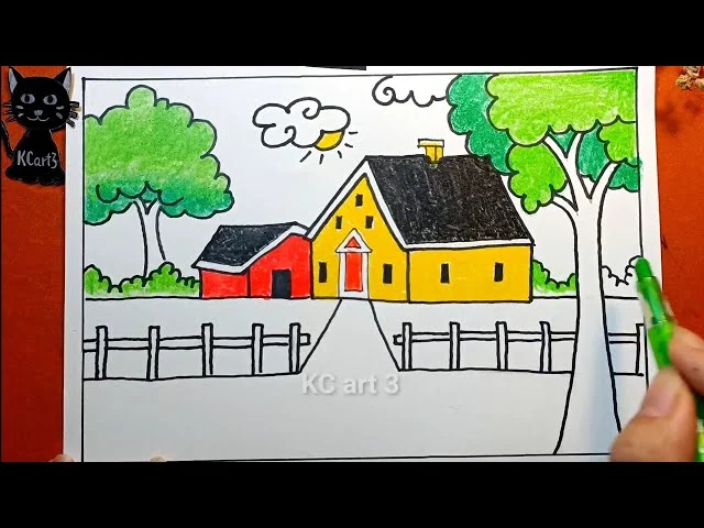 Hướng dẫn vẽ ngôi nhà trong tranh lớp 7 với phong cảnh thiên nhiên sinh động.