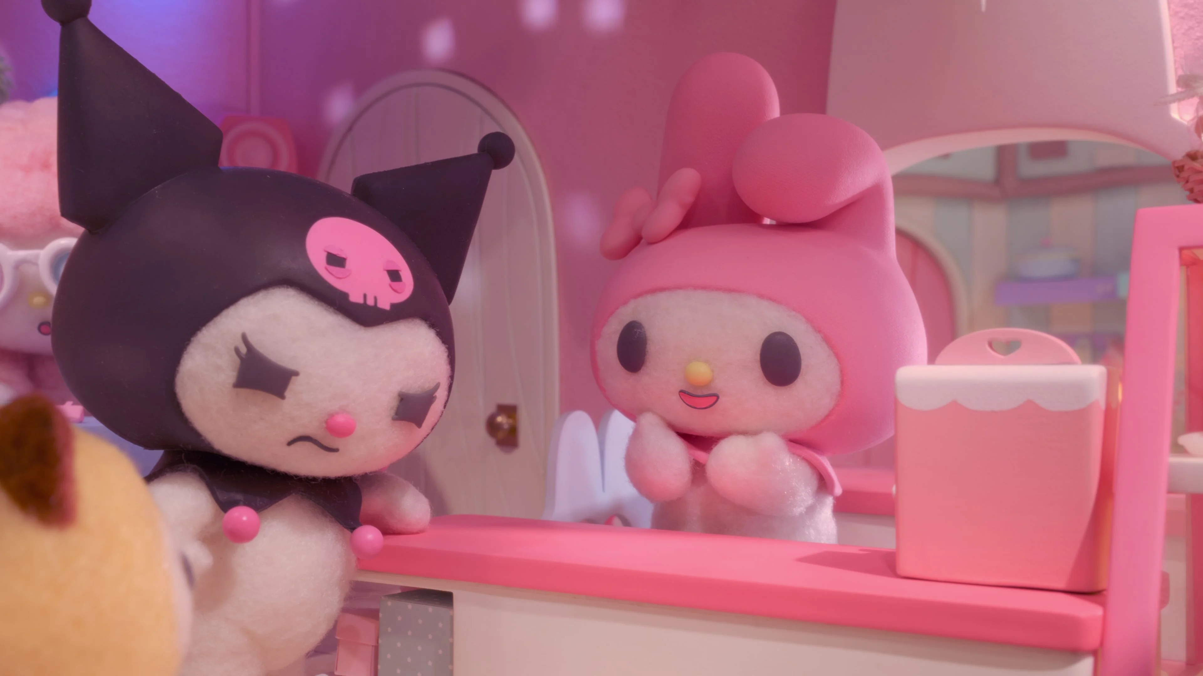 Hình nền máy tính 4K 1920x1080 bộ thú nhồi bông phong cách kawaii màu hồng