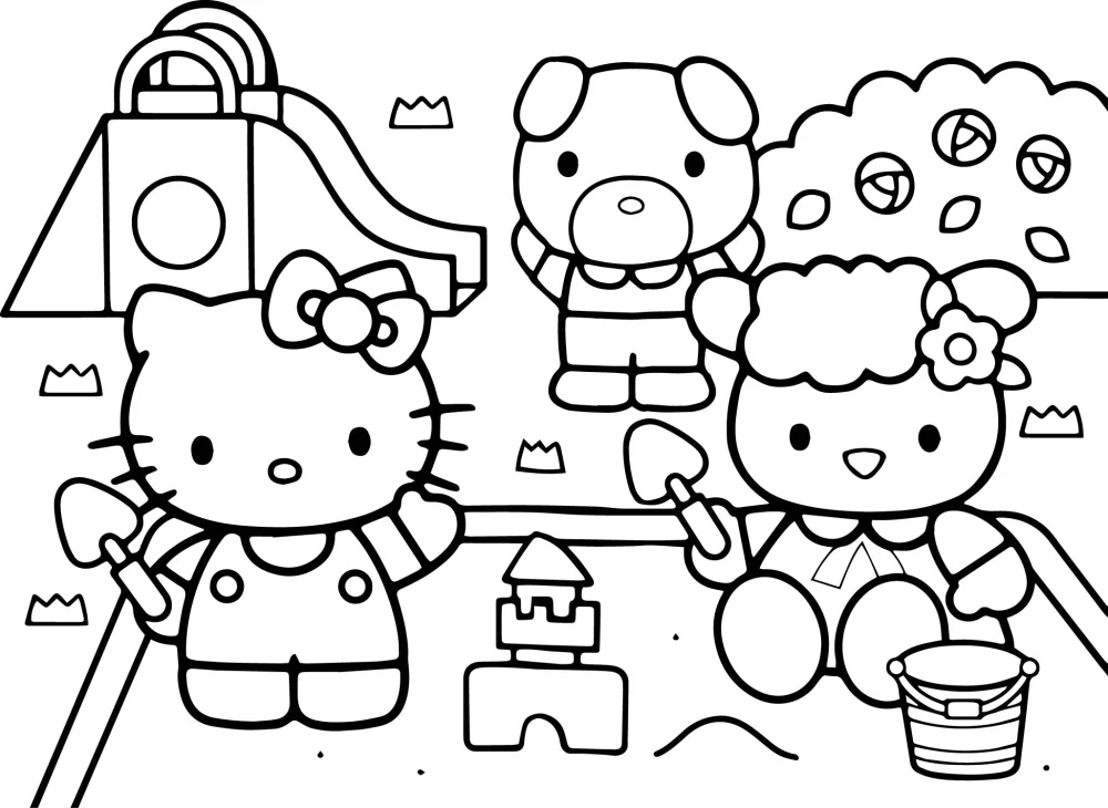 Tranh tô màu Hello Kitty và gấu ôm nhau thắm thiết