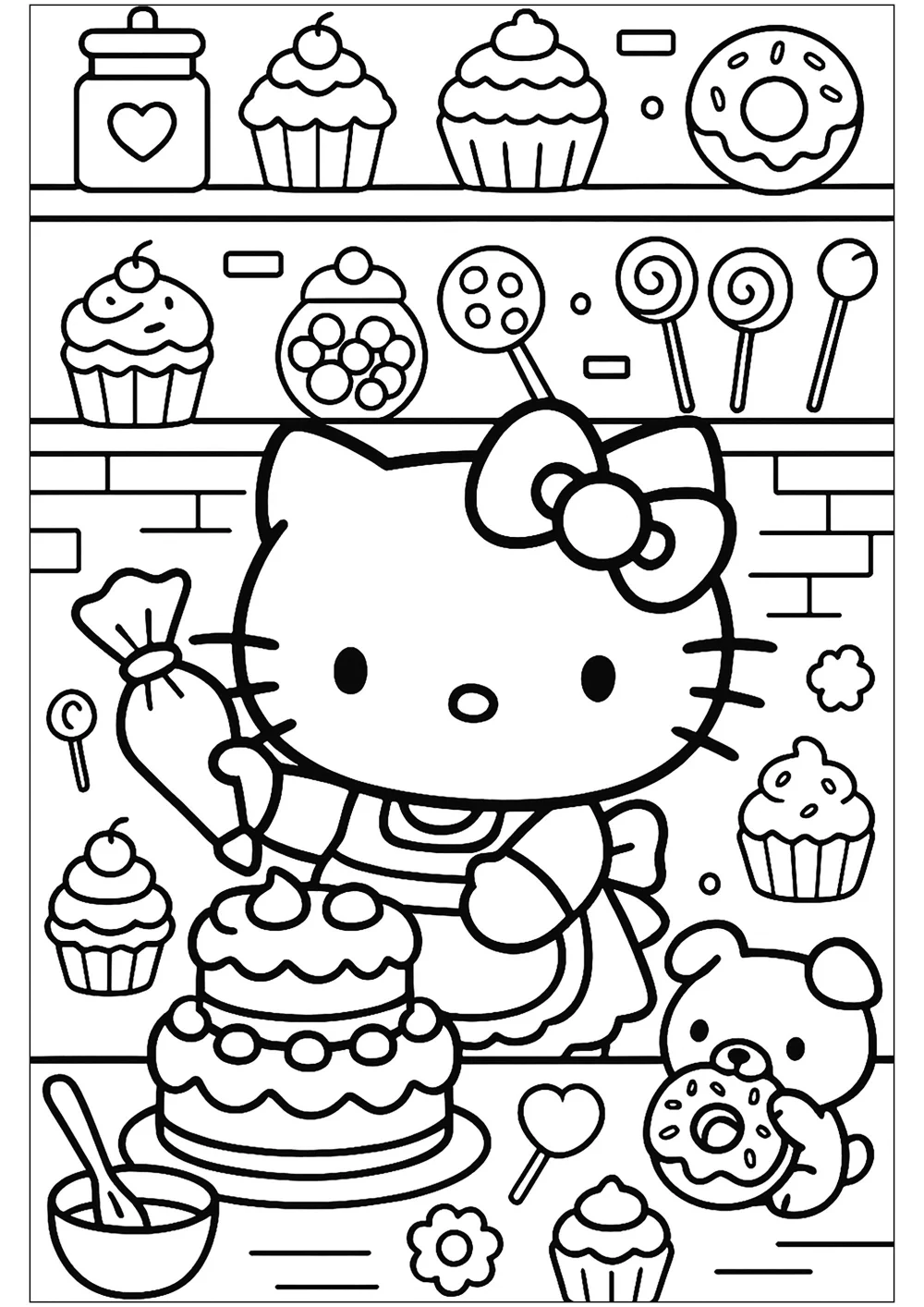 Bức tranh tô màu Kuromi và Hello Kitty cùng đi dạo phố