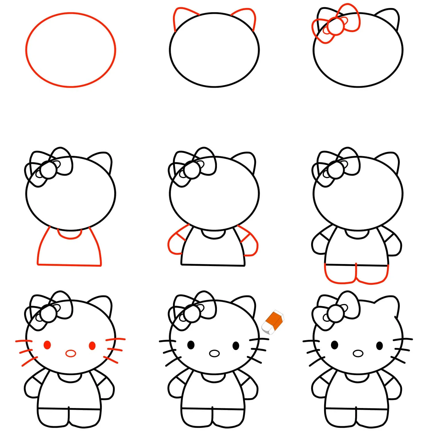 Quy trình từng bước vẽ hoàn chỉnh Hello Kitty