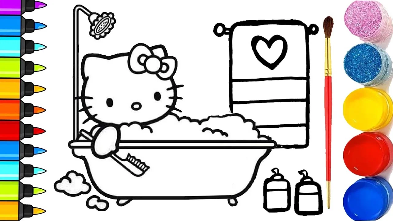 Hướng dẫn vẽ hello kitty đang tắm - Dạy vẽ tranh, tô màu hello Kitty đang tắm