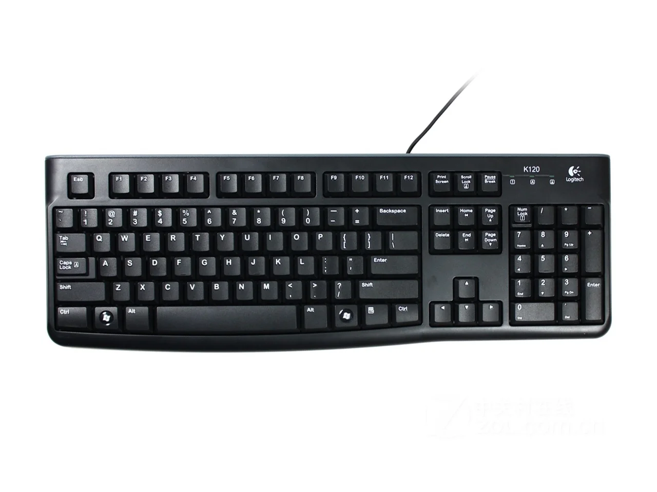 Hình ảnh bàn phím Logitech K120 có dây màu đen trên nền trắng
