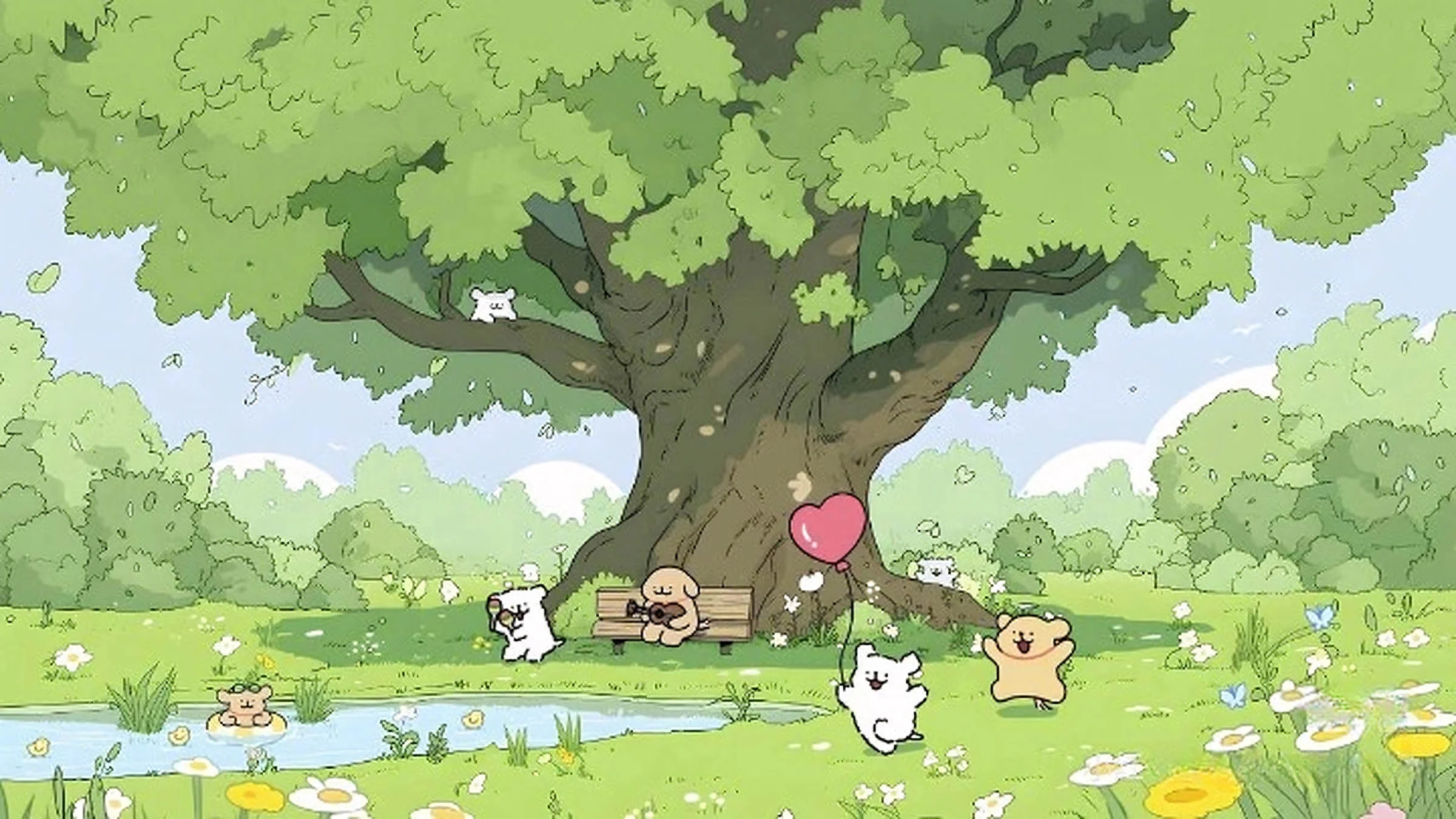hình nền 4k cute khu rừng với cây lớn và thú nhỏ dễ thương