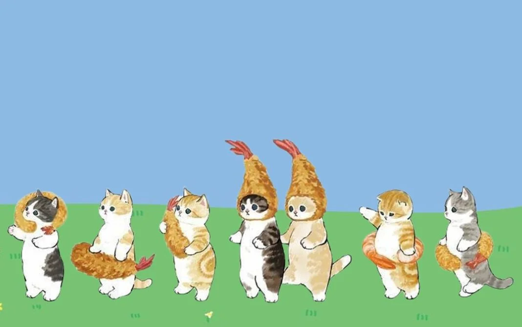 Hình nền máy tính 4k cute với đàn mèo con hóa trang thành tôm chiên xù