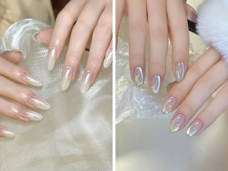 Mẫu nail thạch mắt mèo tone trắng