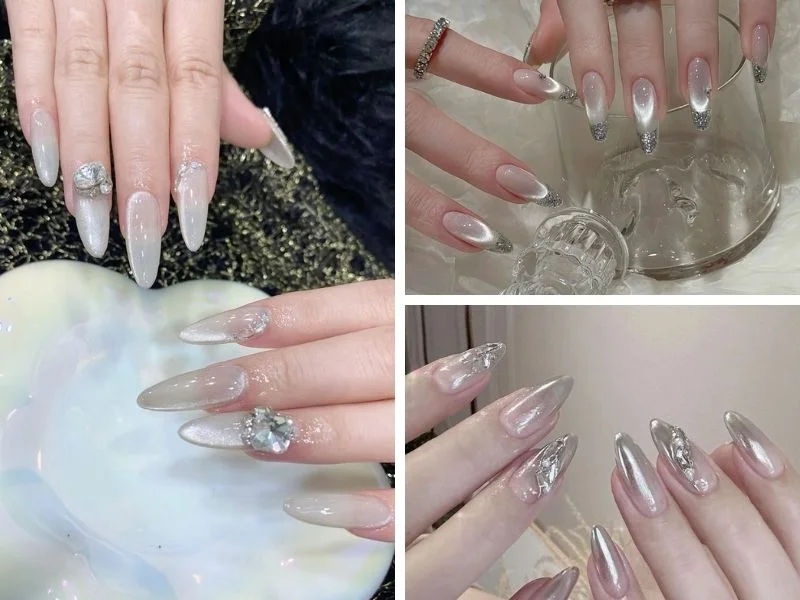 Mẫu nail sơn thạch mắt mèo tone bạc
