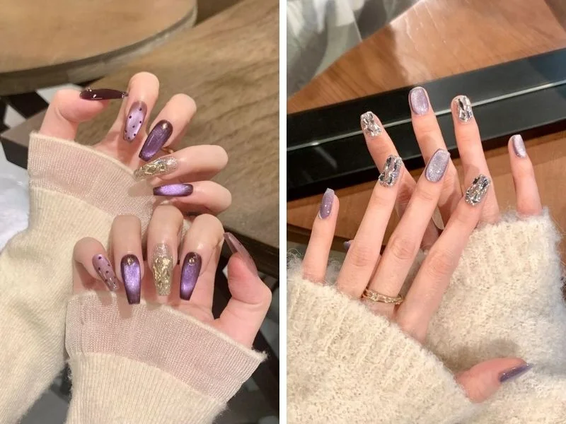 Mẫu nail thạch mắt mèo tông tím