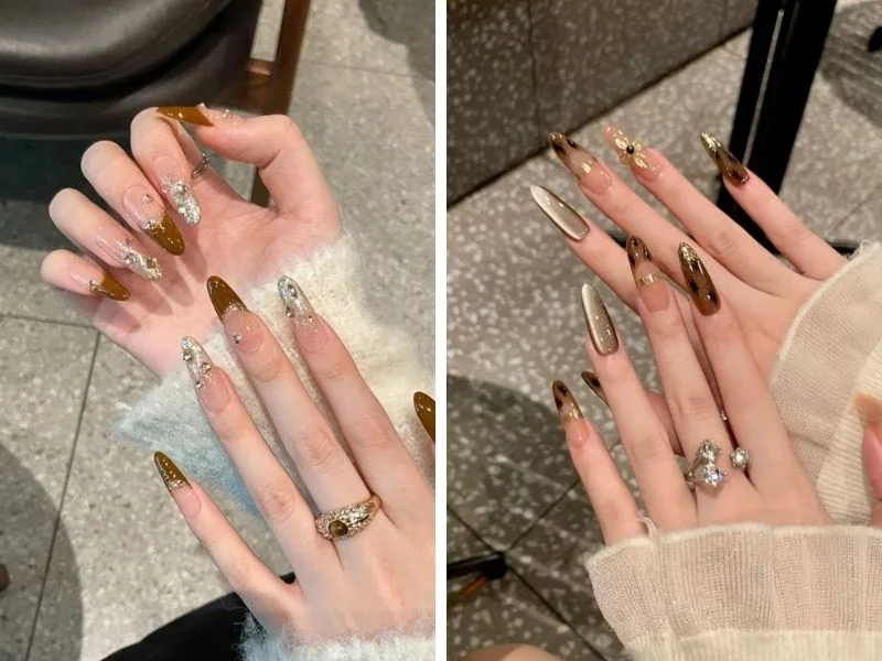 Mẫu nail sơn thạch mắt mèo tone nâu