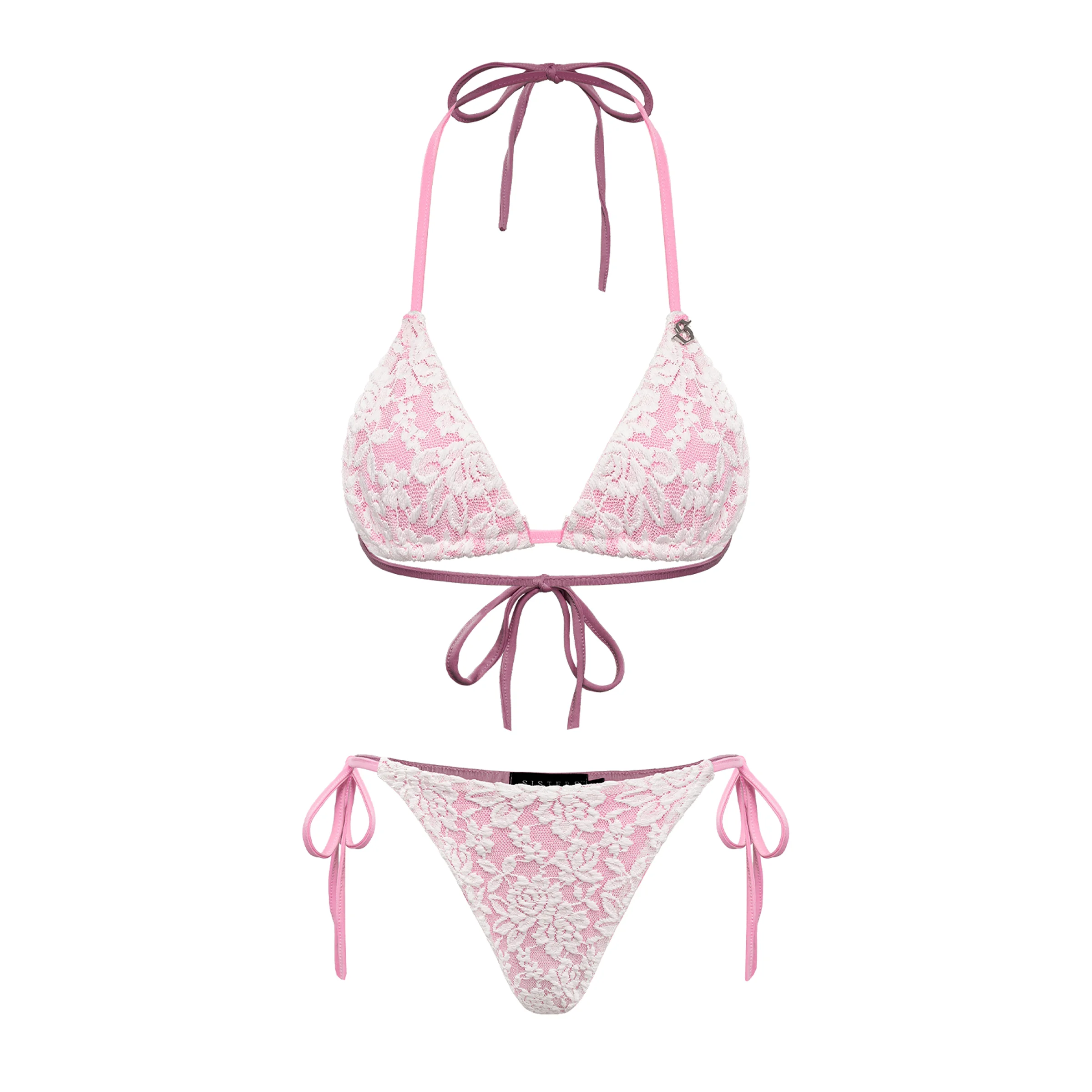 Bộ bikini hai mảnh ren màu hồng chụp trên nền trắng
