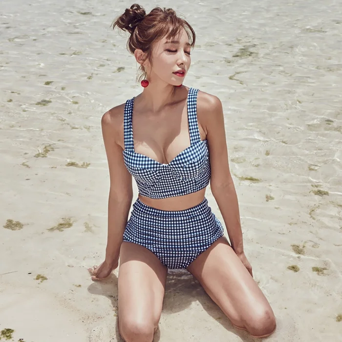 Bộ đồ bơi bikini 2 mảnh cạp cao đẩy ngực phong cách retro kẻ caro xanh
