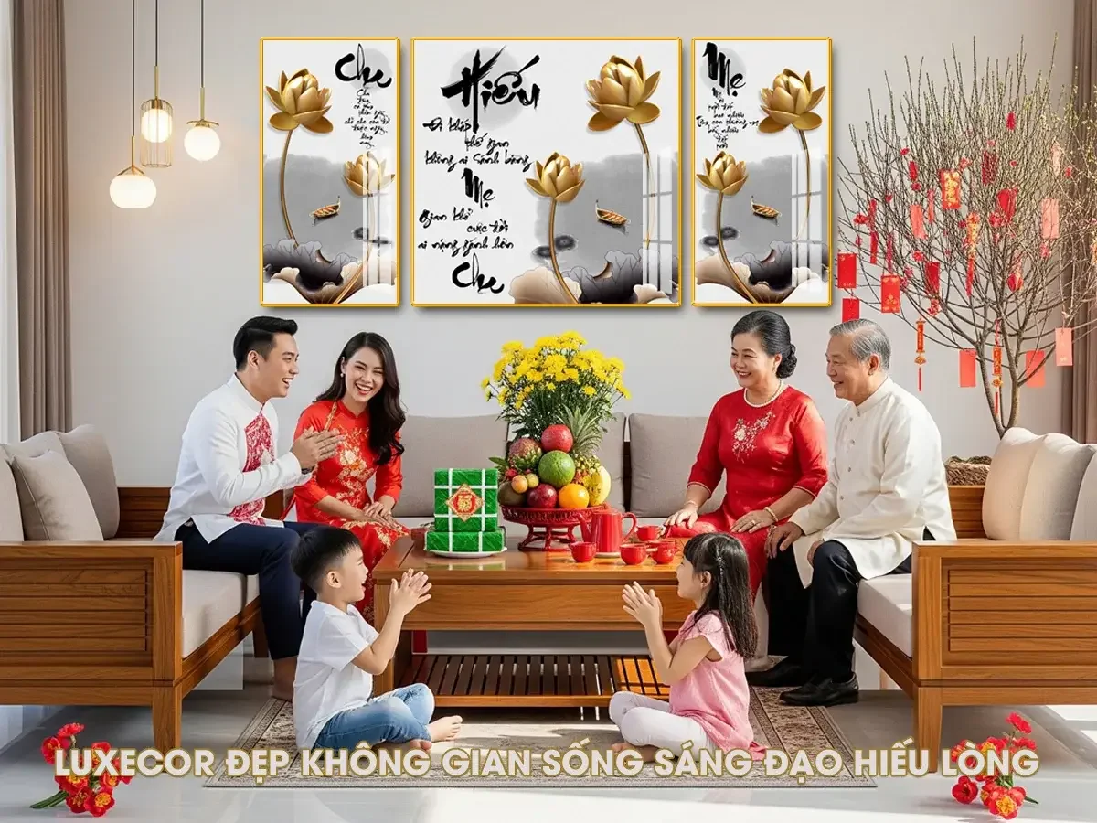 Ảnh gia đình sum vầy ngày Tết dưới bộ 3 tranh tráng gương thư pháp hoa sen vàng.