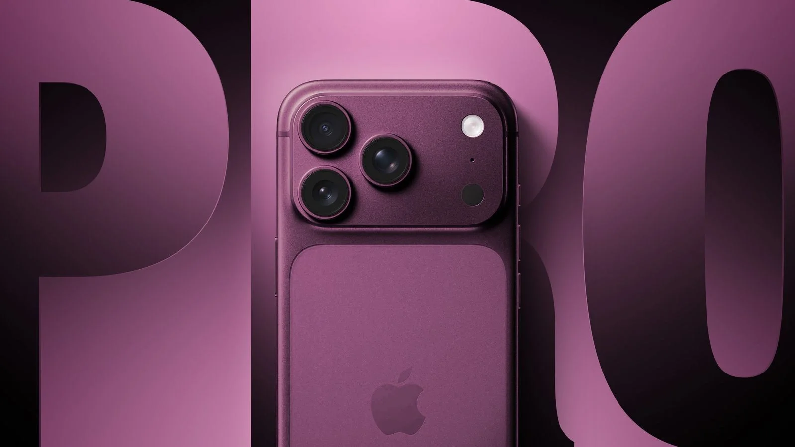 Hình ảnh lớn với chữ 'PRO' và cụm camera của iPhone màu tím, gợi ý về iPhone 18 Pro Max.