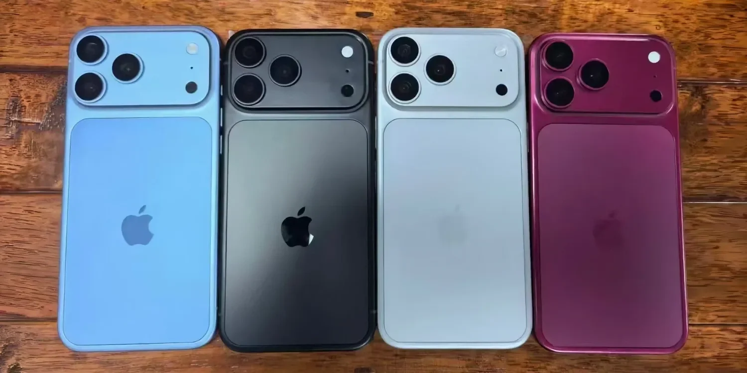 Bốn chiếc iPhone màu xanh dương, đen, trắng và tím xếp cạnh nhau, có thể là mẫu iPhone 18 Pro Max.