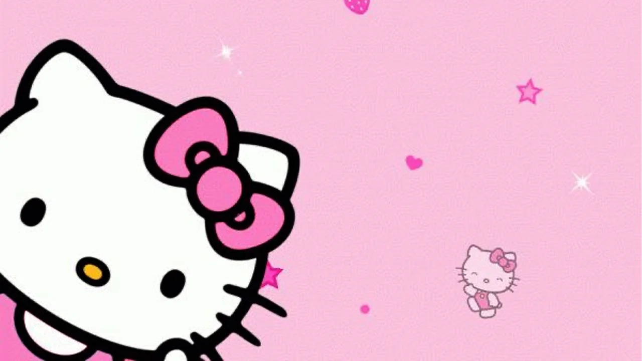 Hình nền Hello Kitty màu hồng đáng yêu với họa tiết ngôi sao và trái tim.