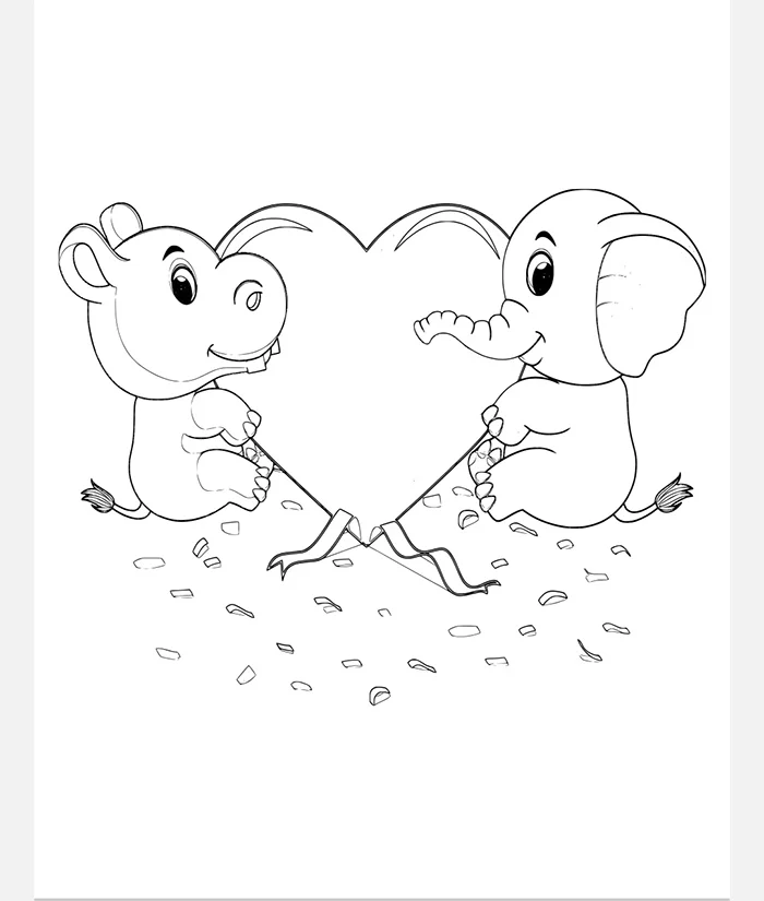 tranh tô màu đôi bạn thú với trái tim
