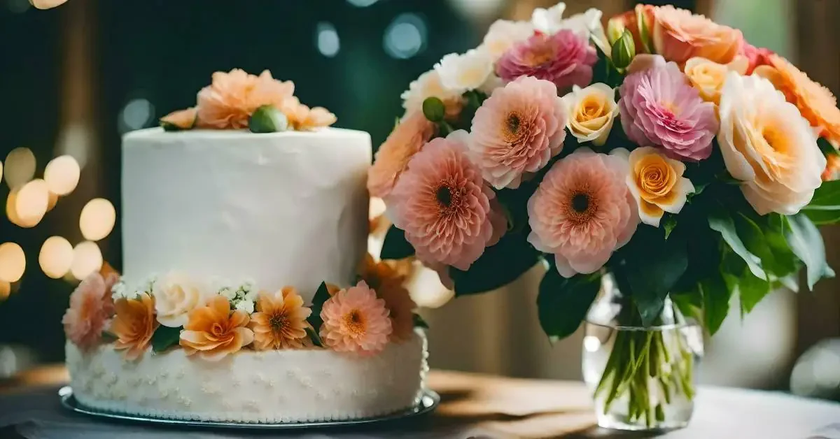 Bánh sinh nhật màu trắng cạnh bình hoa nhiều màu