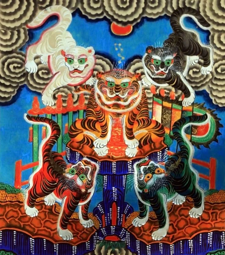 Tranh hàng trống ngũ hổ với tông màu chủ đạo rực rỡ