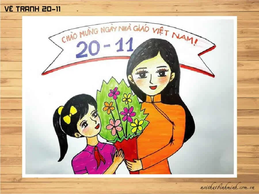 Tranh vẽ 20 11 học sinh tặng hoa cô giáo đầy cảm xúc.