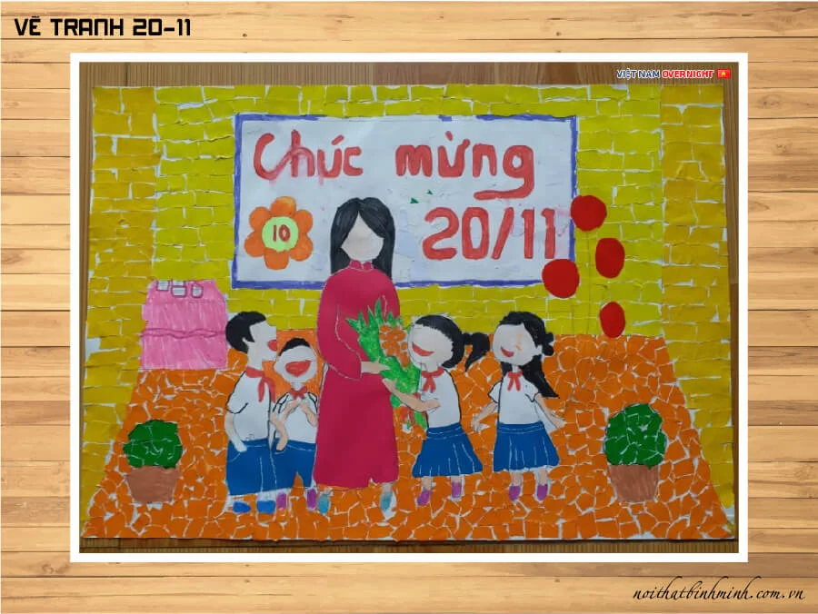 Tranh vẽ 20 11 bằng giấy cắt dán học sinh tặng hoa cho cô giáo