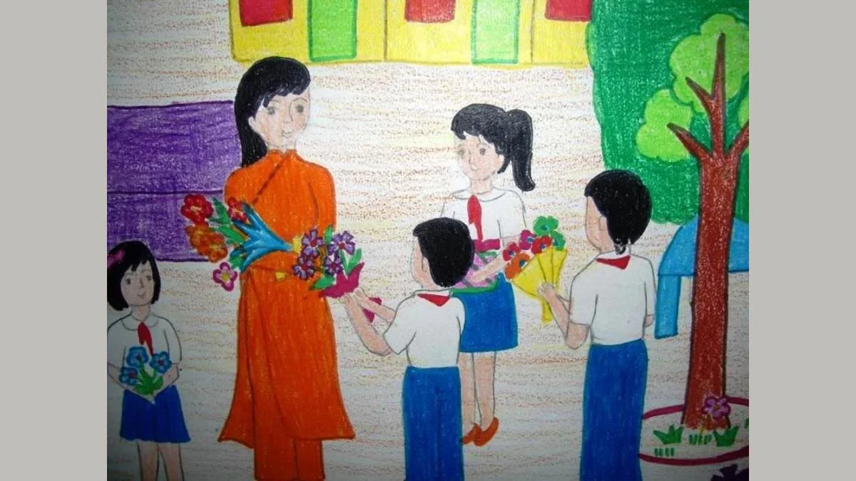 Tranh vẽ 20 11 học sinh tặng hoa cho cô giáo trong ngày Nhà giáo Việt Nam