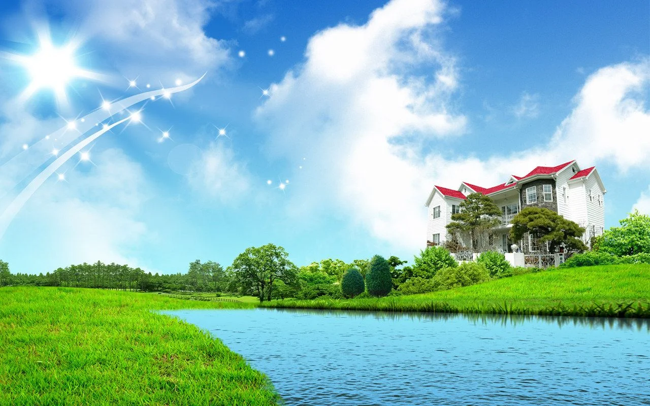 Hình nền đẹp 4k ngôi nhà bên hồ nước và đồng cỏ xanh